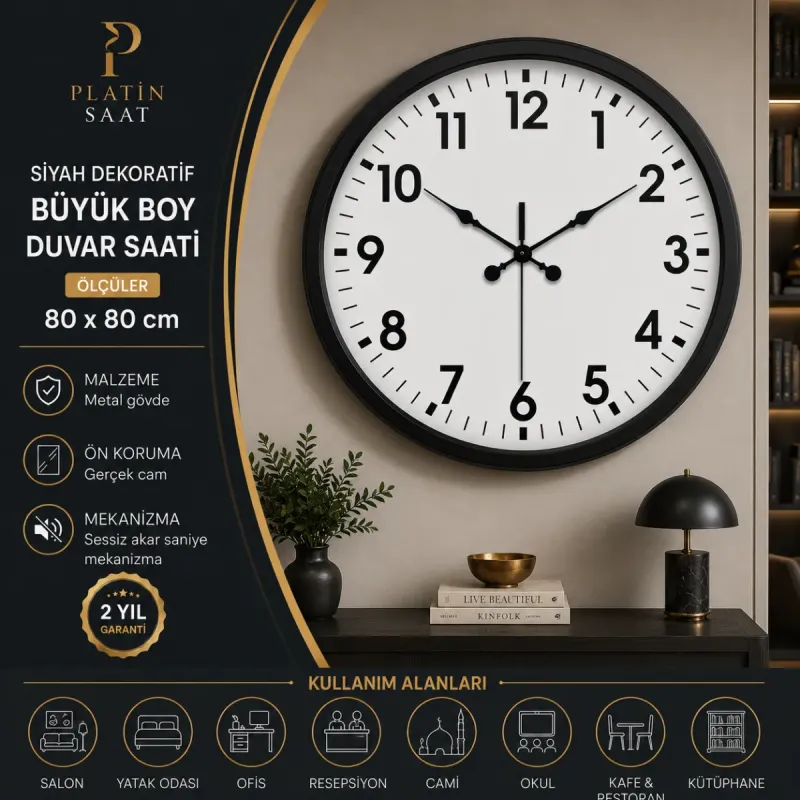 Siyah Metal Duvar Saati 80 cm · Model 8001B
