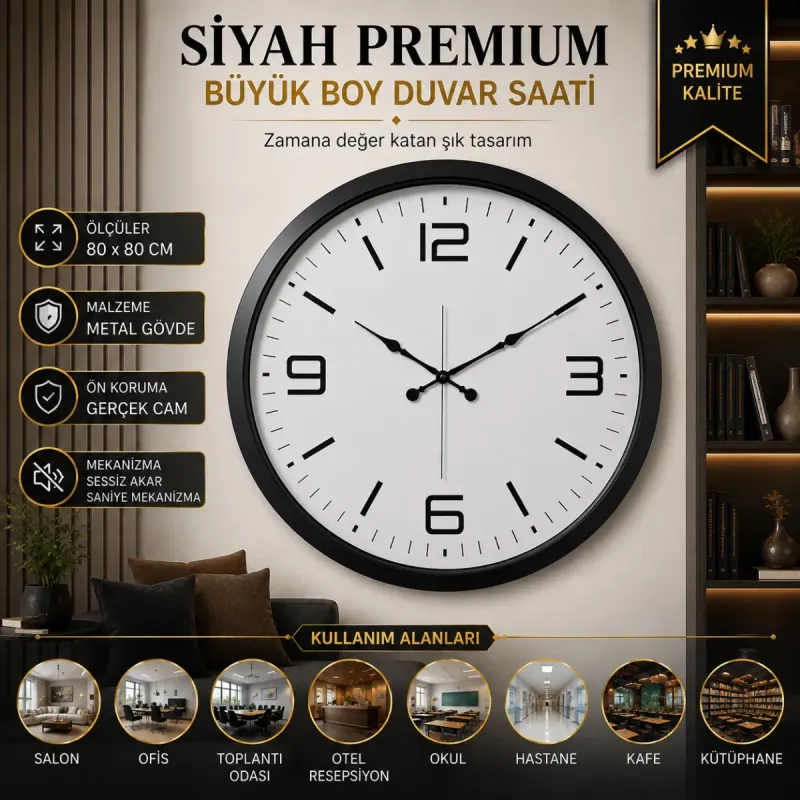 Siyah Metal Duvar Saati 80 cm · Model 8008B