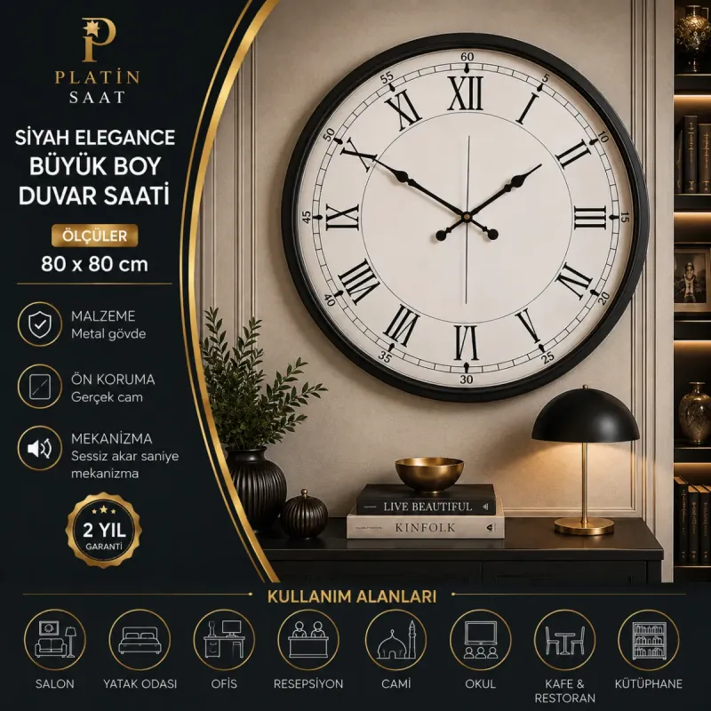 Siyah Metal Duvar Saati 80 cm · Model 8055B
