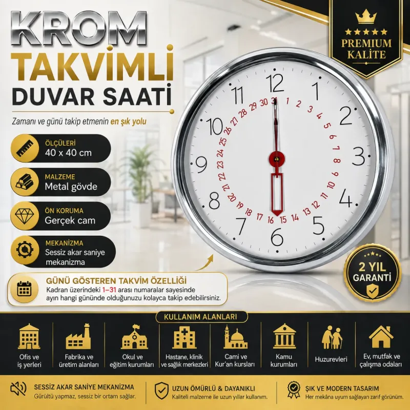 Krom Metal Duvar Saati 40 cm · Model 40T04K