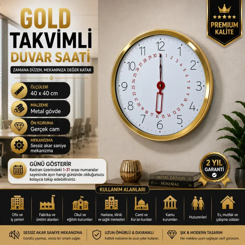 Gold Metal Duvar Saati 40 cm · Model 40T04G