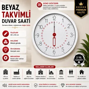 Beyaz Metal Duvar Saati 40 cm · Model 40T04W