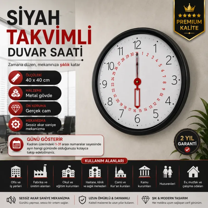 Siyah Metal Duvar Saati 40 cm · Model 40T04B