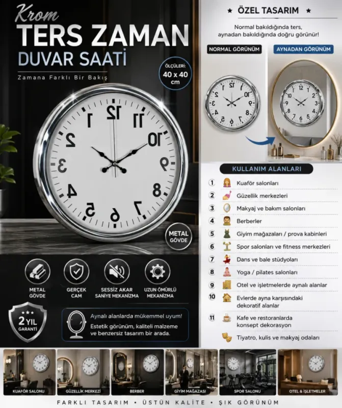 Krom Metal Duvar Saati 40 cm · Model 40R01K
