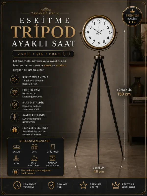 Eskitme Metal Ayaklı Tripod Saat 150 x 45 cm · Model AS-4001E