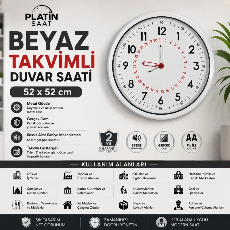 Beyaz Metal Duvar Saati 52 cm · Model 52T05W