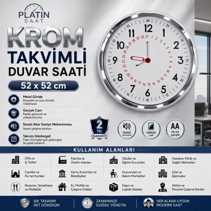 Krom Metal Duvar Saati 52 cm · Model 52T05K