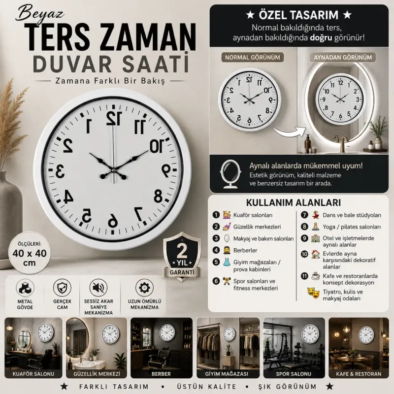 Beyaz Metal Duvar Saati 40 cm · Model 40R01W