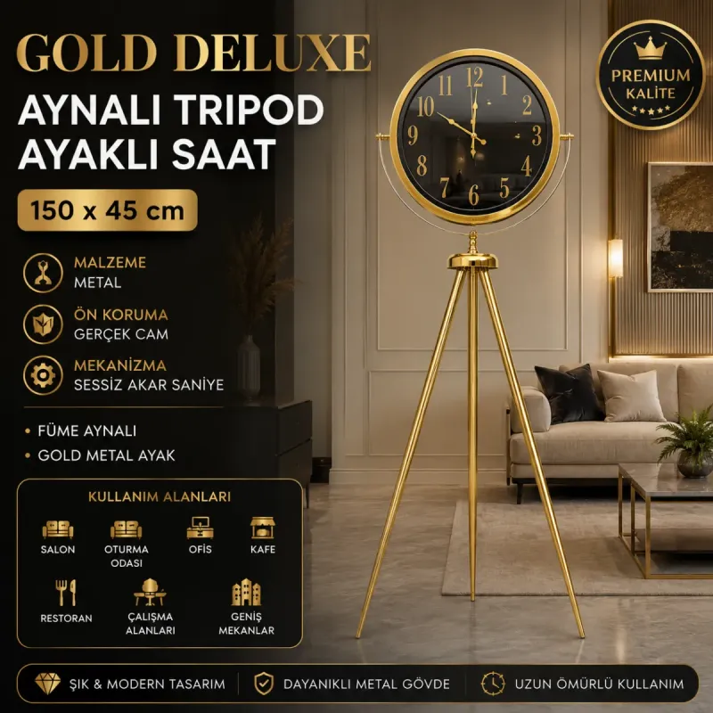 Aynalı Gold Metal Ayaklı Tripod Saat 150 x 45 cm · Model AS-A4001GG