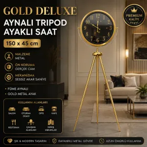 Aynalı Gold Metal Ayaklı Tripod Saat 150 x 45 cm · Model AS-A4001GG