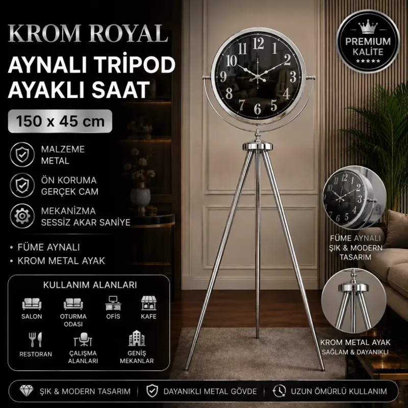Aynalı Gold Metal Ayaklı Tripod Saat 150 x 45 cm · Model AS-A4001KK