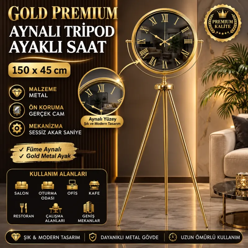Aynalı Gold Metal Ayaklı Tripod Saat 150 x 45 cm · Model AS-A4051GG