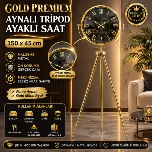 Aynalı Gold Metal Ayaklı Tripod Saat 150 x 45 cm · Model AS-A4051GG