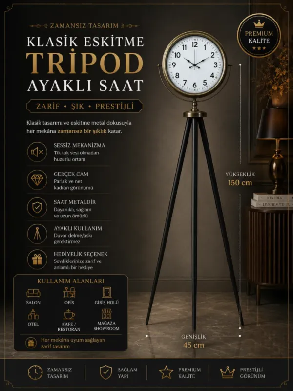 Eskitme Metal Ayaklı Tripod Saat 150 x 45 cm · Model AS-4005E