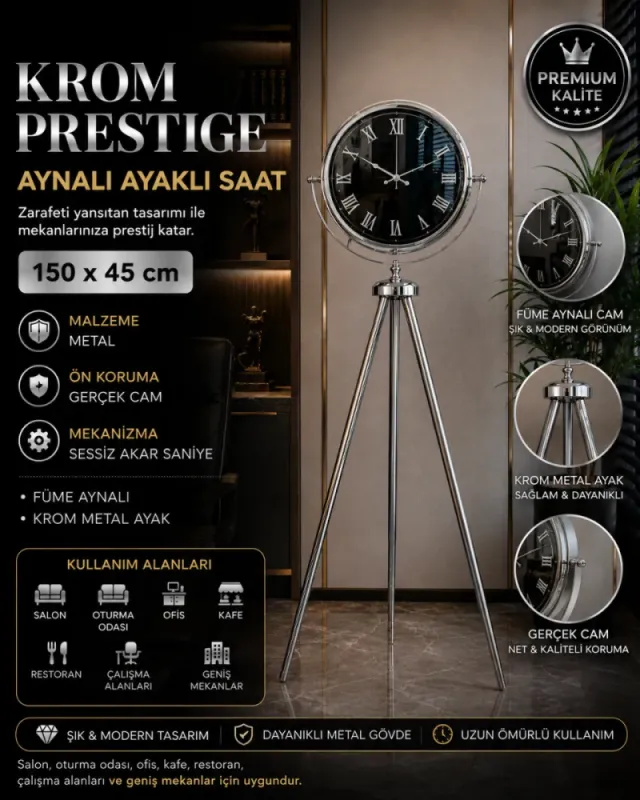 Aynalı Krom Metal Ayaklı Tripod Saat 150 x 45 cm · Model AS-A4051KK
