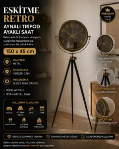 Aynalı Retro Görünümlü Eskitme Metal Ayaklı Tripod Saat 150 x 45 cm · Model AS-A4001E