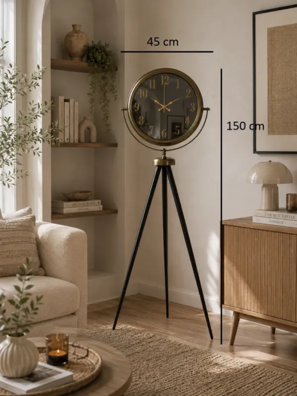 Aynalı Retro Görünümlü Eskitme Metal Ayaklı Tripod Saat 150 x 45 cm · Model AS-A4001E