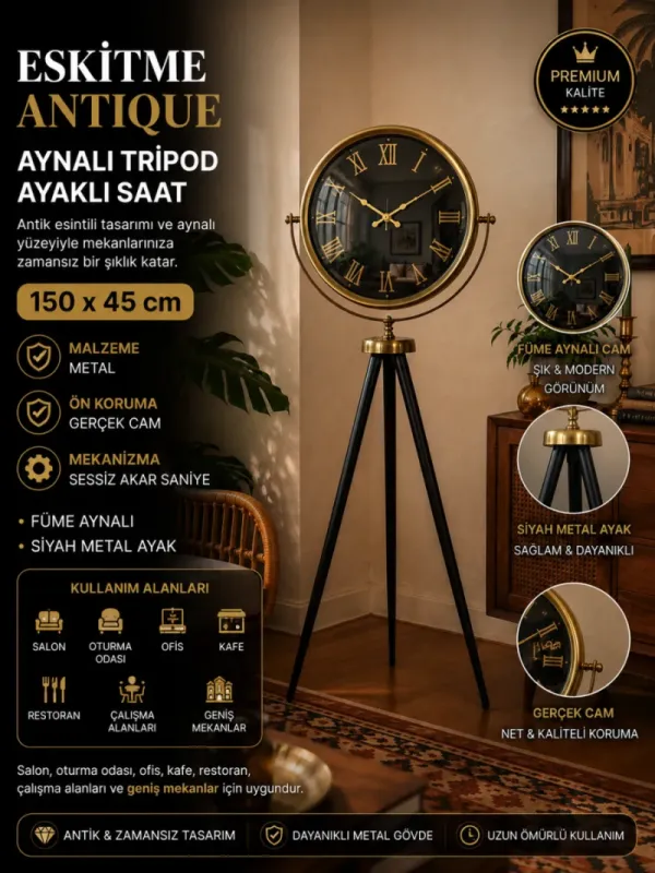 Aynalı Eskitme Metal Ayaklı Tripod Saat 150 x 45 cm · Model AS-A4051E