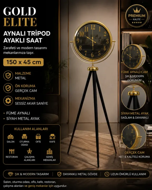Aynalı Gold Metal Ayaklı Tripod Saat 150 x 45 cm · Model AS-A4001G
