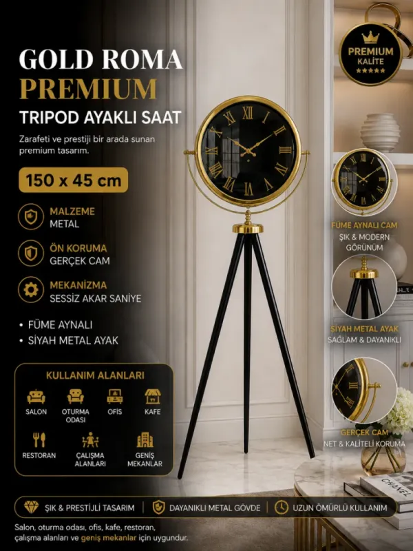 Roma Rakamlı Gold Metal Ayaklı Tripod Saat 150 x 45 cm · Model AS-A4051G