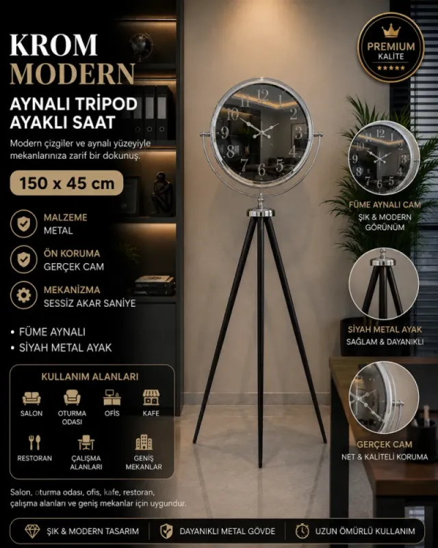 Aynalı Krom Metal Ayaklı Tripod Saat 150 x 45 cm · Model AS-A4001K