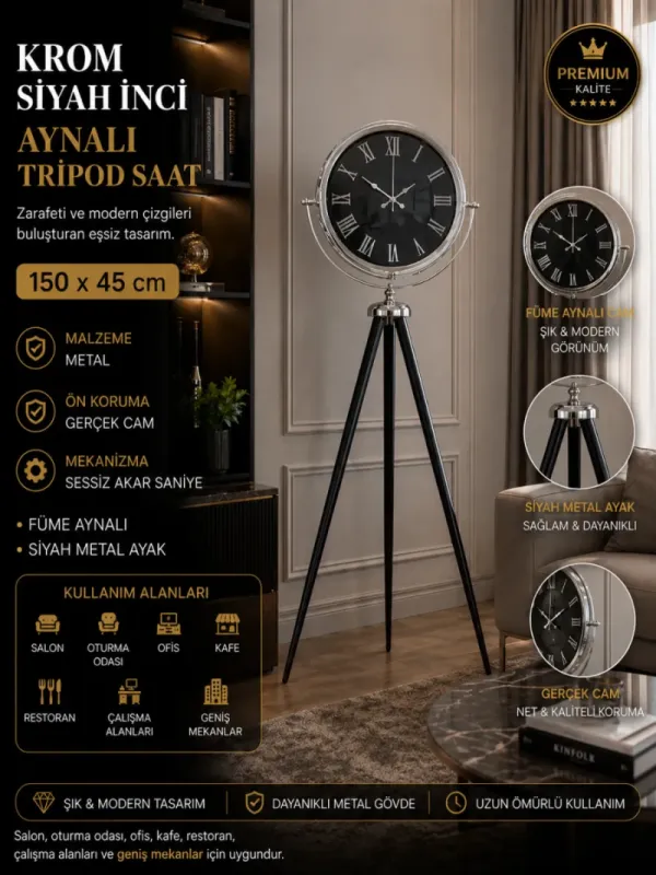 Aynalı Krom Metal Ayaklı Tripod Saat 150 x 45 cm · Model AS-A4051K