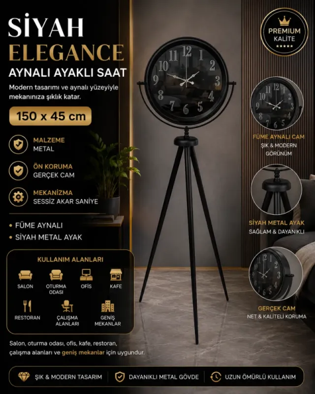 Aynalı Siyah Metal Ayaklı Tripod Saat 150 x 45 cm · Model AS-A4001B