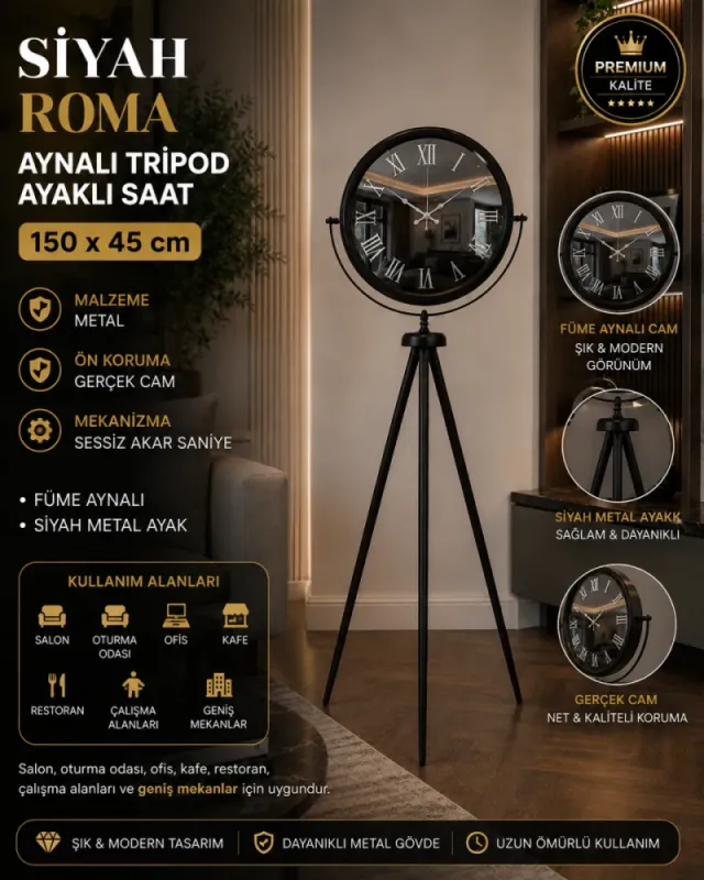 Roma Rakamlı Aynalı Siyah Metal Ayaklı Tripod Saat 150 x 45 cm · Model AS-A4051B