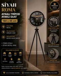 Roma Rakamlı Aynalı Siyah Metal Ayaklı Tripod Saat 150 x 45 cm · Model AS-A4051B