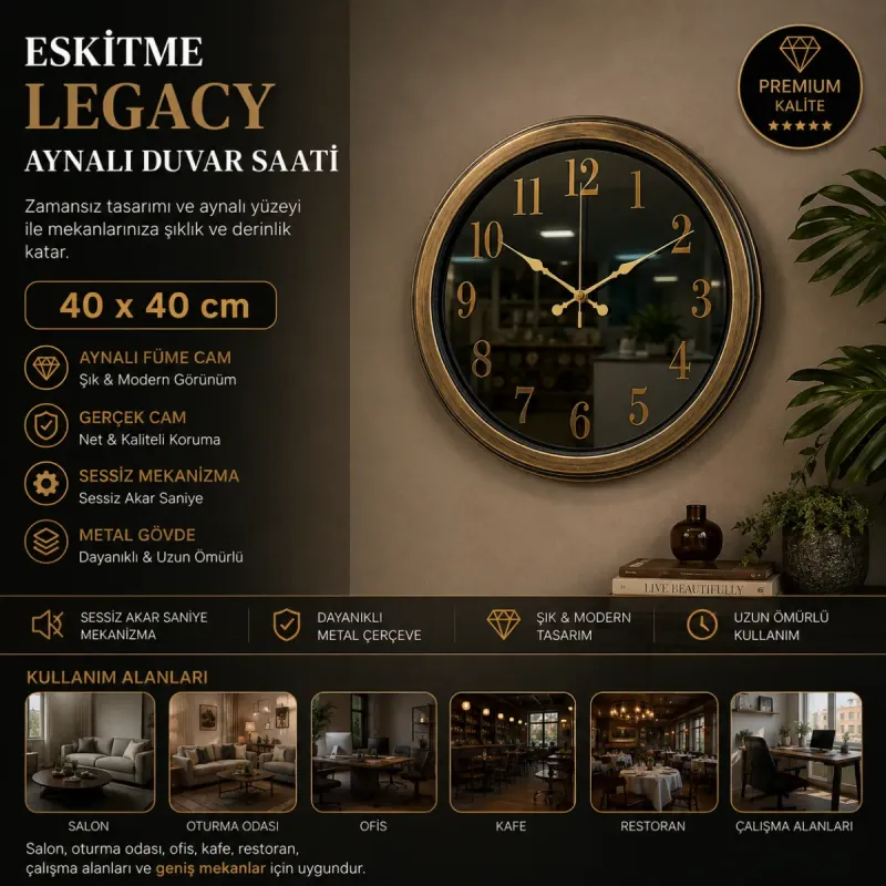 Aynalı Eskitme Metal Duvar Saati 40 cm · Model A4001E