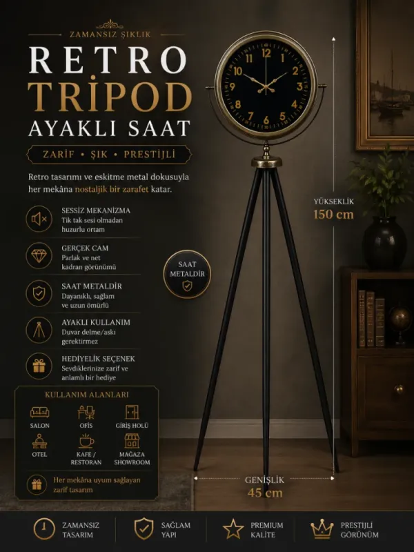 Retro Görünümlü Eskitme Metal Ayaklı Tripod Saat 150 x 45 cm · Model AS-4006E