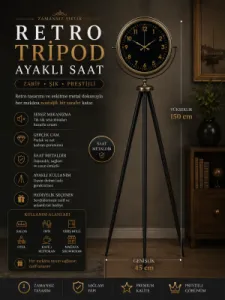 Retro Görünümlü Eskitme Metal Ayaklı Tripod Saat 150 x 45 cm · Model AS-4006E