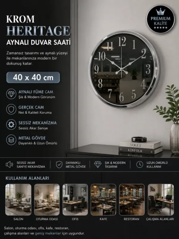 Aynalı Krom Metal Duvar Saati 40 cm · Model A4001K