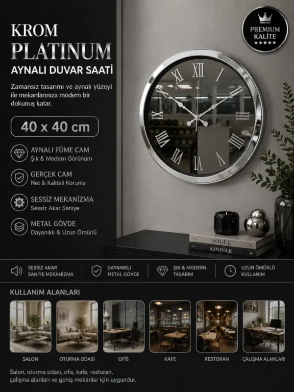 Aynalı Krom Metal Duvar Saati 40 cm · Model A4051K