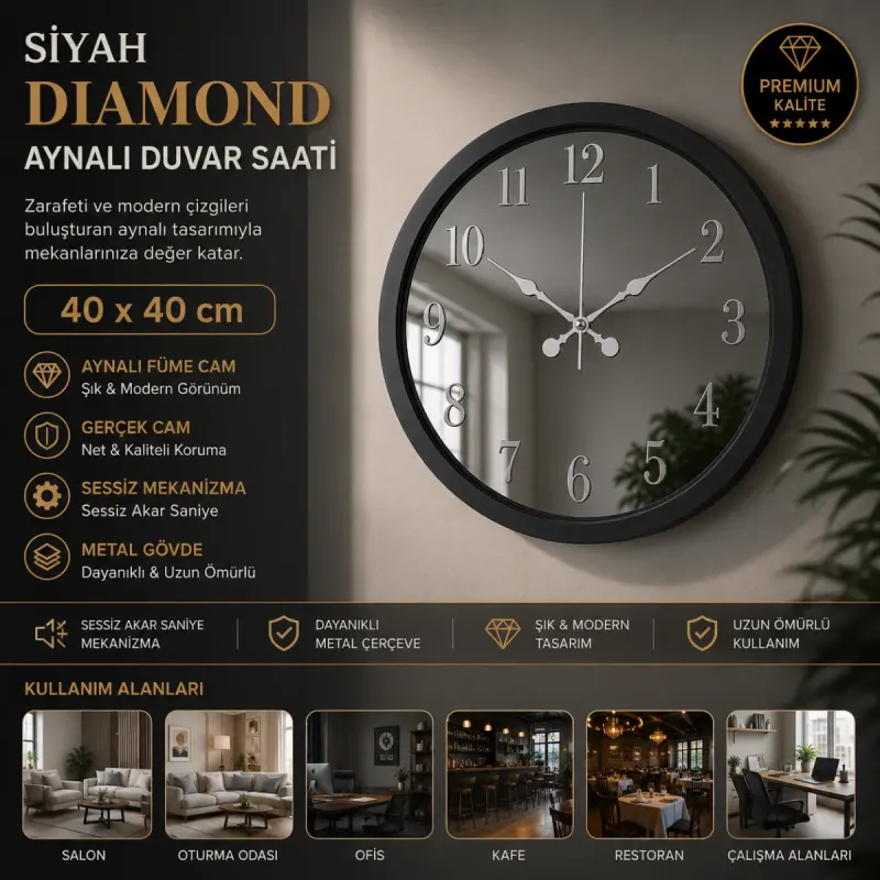 Aynalı Siyah Metal Duvar Saati 40 cm · Model A4001B