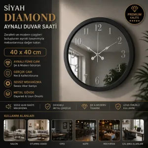 Aynalı Siyah Metal Duvar Saati 40 cm · Model A4001B