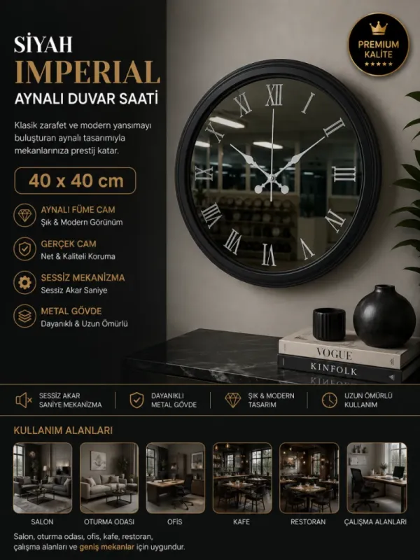 Aynalı Siyah Metal Duvar Saati 40 cm · Model A4051B
