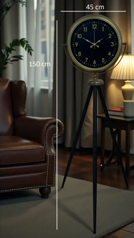 Retro Görünümlü Eskitme Metal Ayaklı Tripod Saat 150 x 45 cm · Model AS-4006E