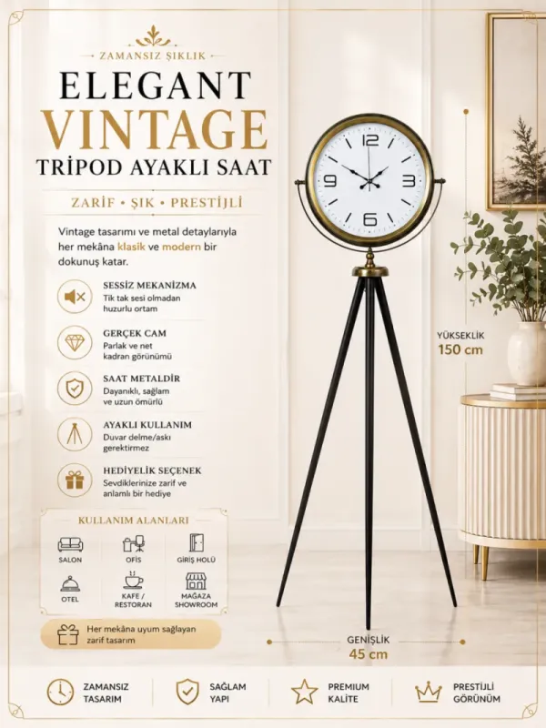 Retro Görünümlü Eskitme Metal Ayaklı Tripod Saat 150 x 45 cm · Model AS-4008E