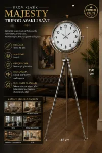 Krom Metal Ayaklı Tripod Saat 150 x 45 cm · Model AS-4001KK