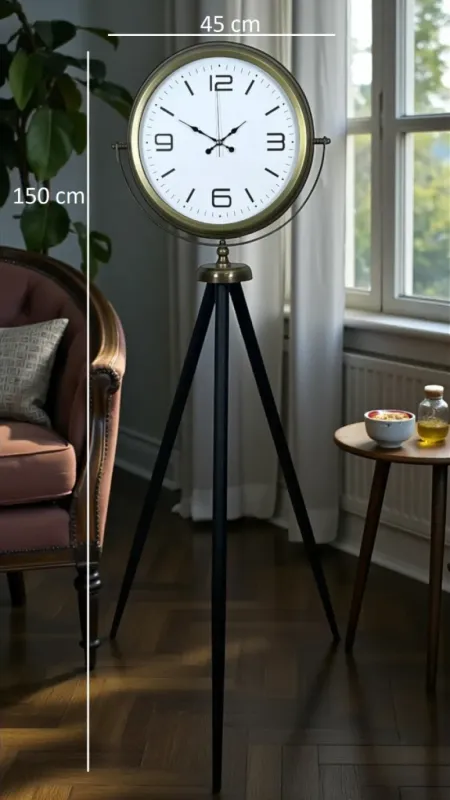 Retro Görünümlü Eskitme Metal Ayaklı Tripod Saat 150 x 45 cm · Model AS-4008E
