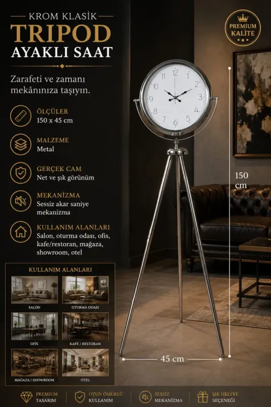 Krom Metal Ayaklı Tripod Saat 150 x 45 cm · Model AS-4004KK