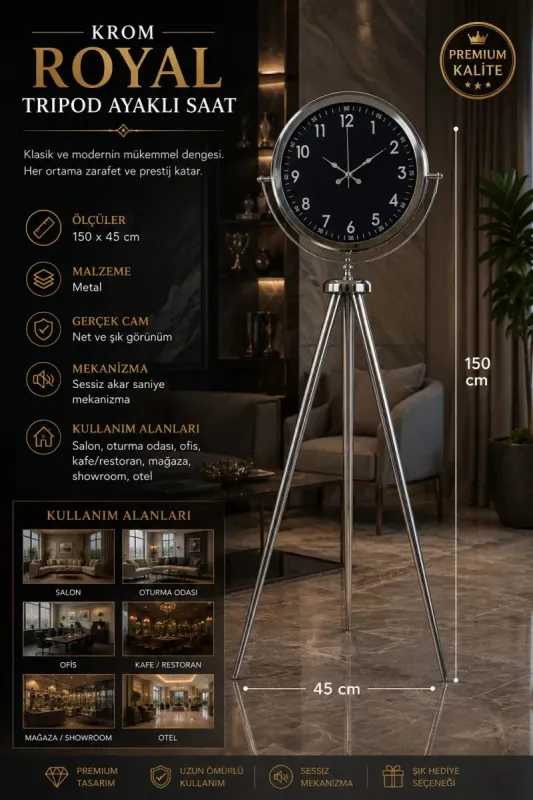 Krom Metal Ayaklı Tripod Saat 150 x 45 cm · Model AS-4007KK