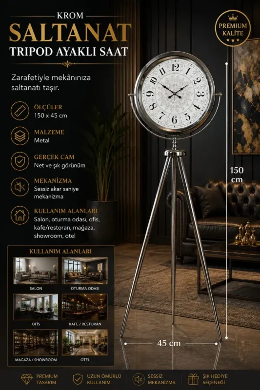 Krom Metal Ayaklı Tripod Saat 150 x 45 cm · Model AS-4019KK
