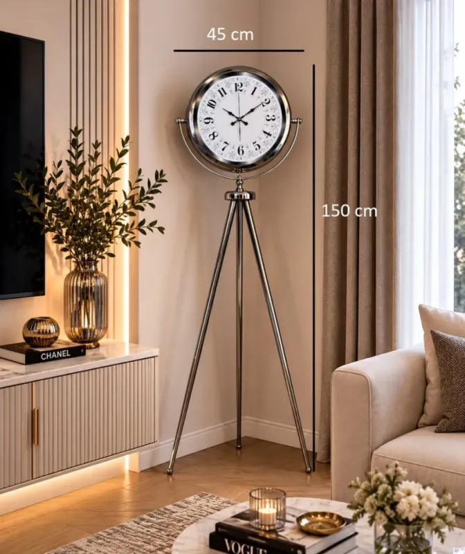 Krom Metal Ayaklı Tripod Saat 150 x 45 cm · Model AS-4020KK