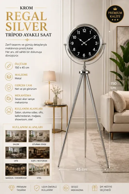 Krom Metal Ayaklı Tripod Saat 150 x 45 cm · Model AS-4031KK