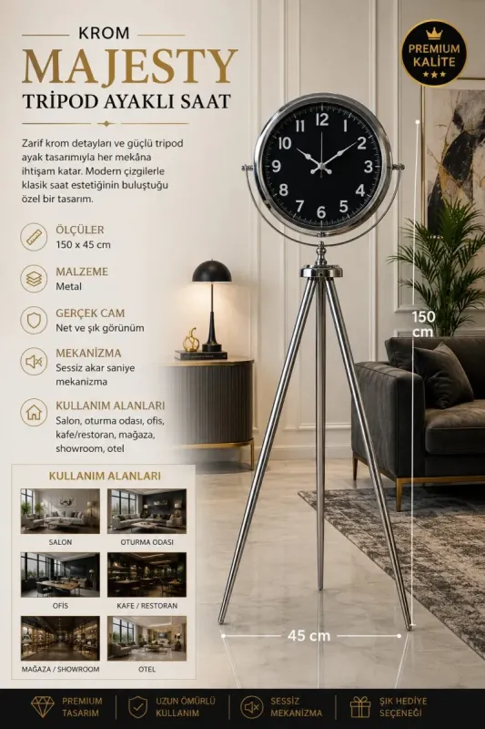 Krom Metal Ayaklı Tripod Saat 150 x 45 cm · Model AS-4037KK