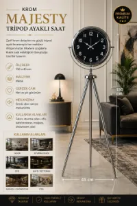 Krom Metal Ayaklı Tripod Saat 150 x 45 cm · Model AS-4037KK