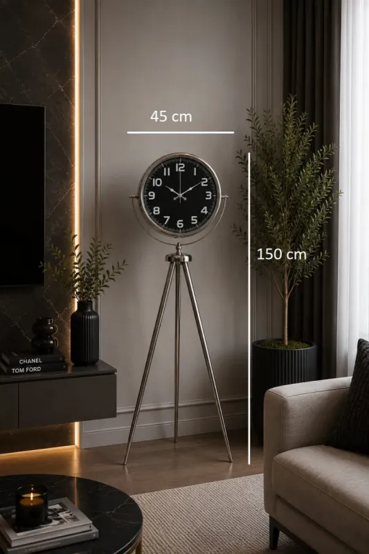 Krom Metal Ayaklı Tripod Saat 150 x 45 cm · Model AS-4037KK