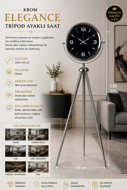 Krom Metal Ayaklı Tripod Saat 150 x 45 cm · Model AS-4045KK